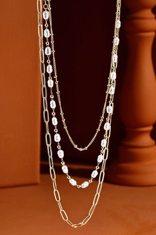 Layered Chain Link Necklace with Pearls